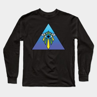 Illuminati Pyramid UFO Eye Art Deco Geometric Twilight Blue Gradient Fade Space Sky Long Sleeve T-Shirt